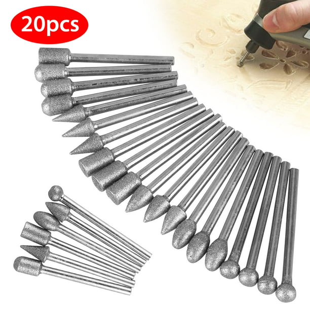 60 Grit Diamond Mounted Points Carving Bits Grinding Bits Grinding Head for Dremel Rotary Tool Set of 20 1/4 Shank Diamond Coated Grinding Burrs Sets 